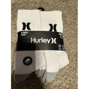 Hurley Crew Socks 6 Pair Men's Size 8-12 White & Gray Logo Ultra Soft Wicking